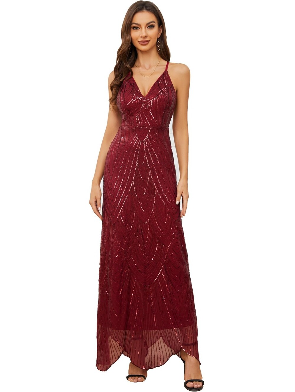 Women's Red Wine V Neck Spaghetti Strap Sequin Sparkly Glitter Maxi, M